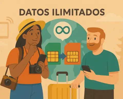 Pareja mirando el móvil con maletas, cámara y tarjetas SIM de datos ilimitados para roaming