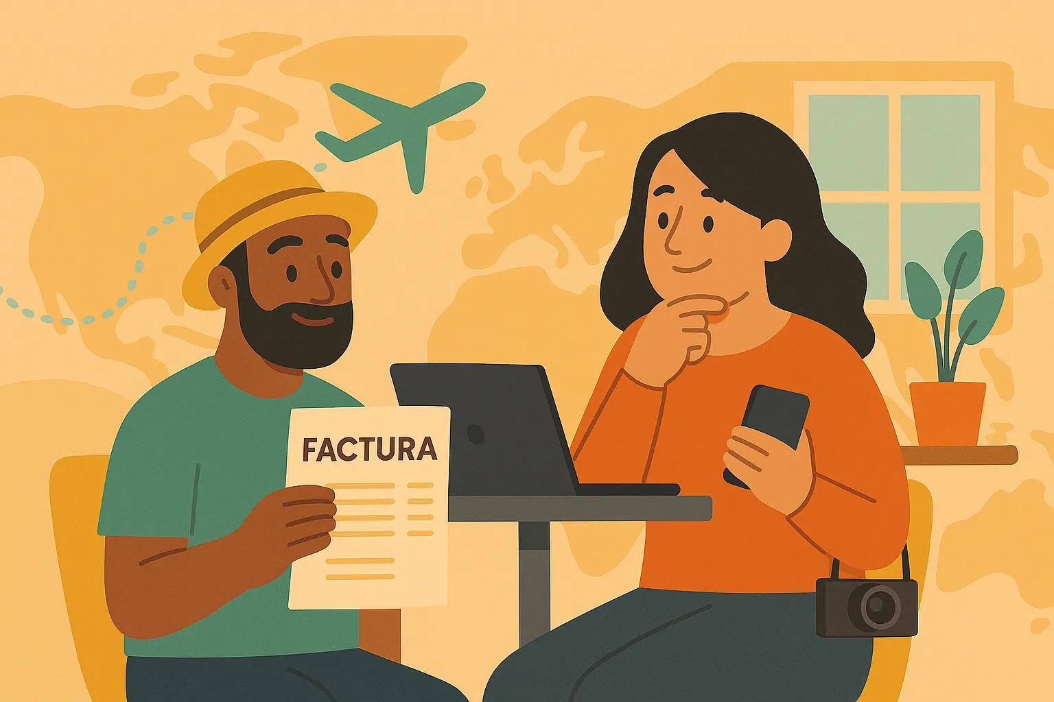 Pareja teletrabajando desde el extranjero con portátil, factura y móvil en mano