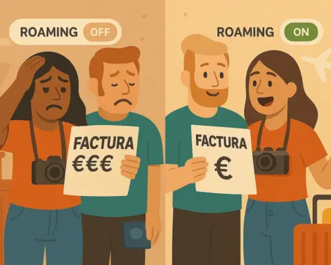 Parejas comparando facturas altas y bajas según el uso del roaming activado o desactivado.