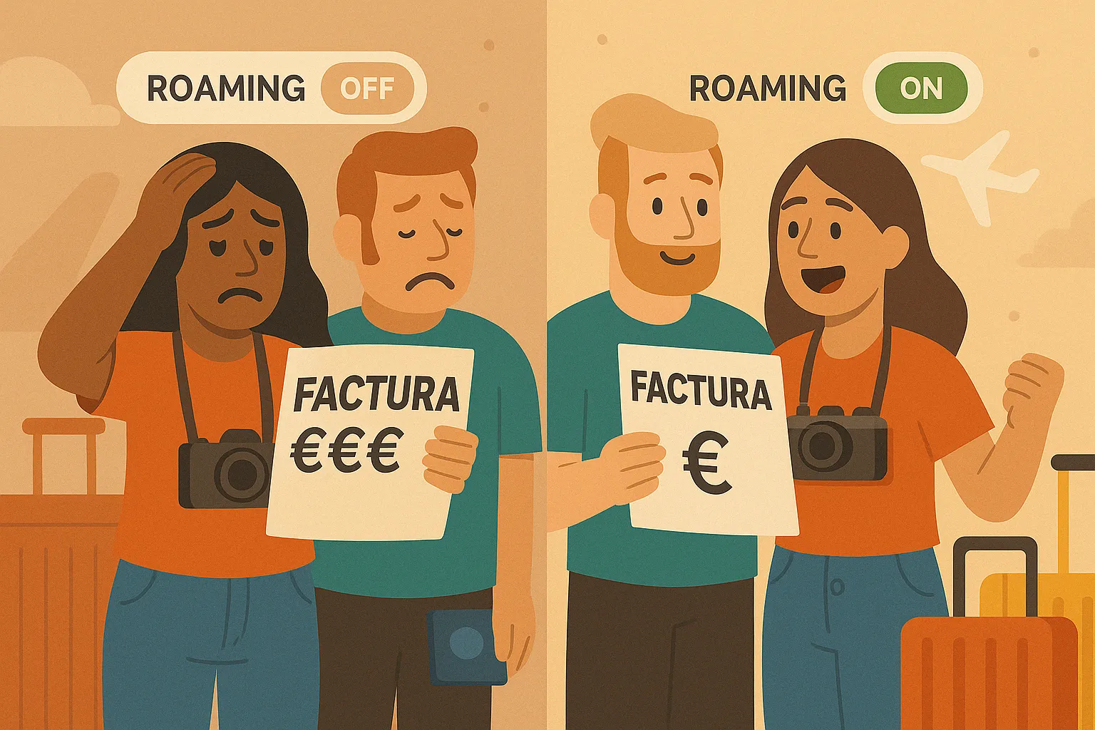 Parejas comparando facturas altas y bajas según el uso del roaming activado o desactivado.