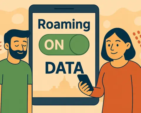 Personas usando el móvil junto a pantalla que activa o desactiva el roaming.