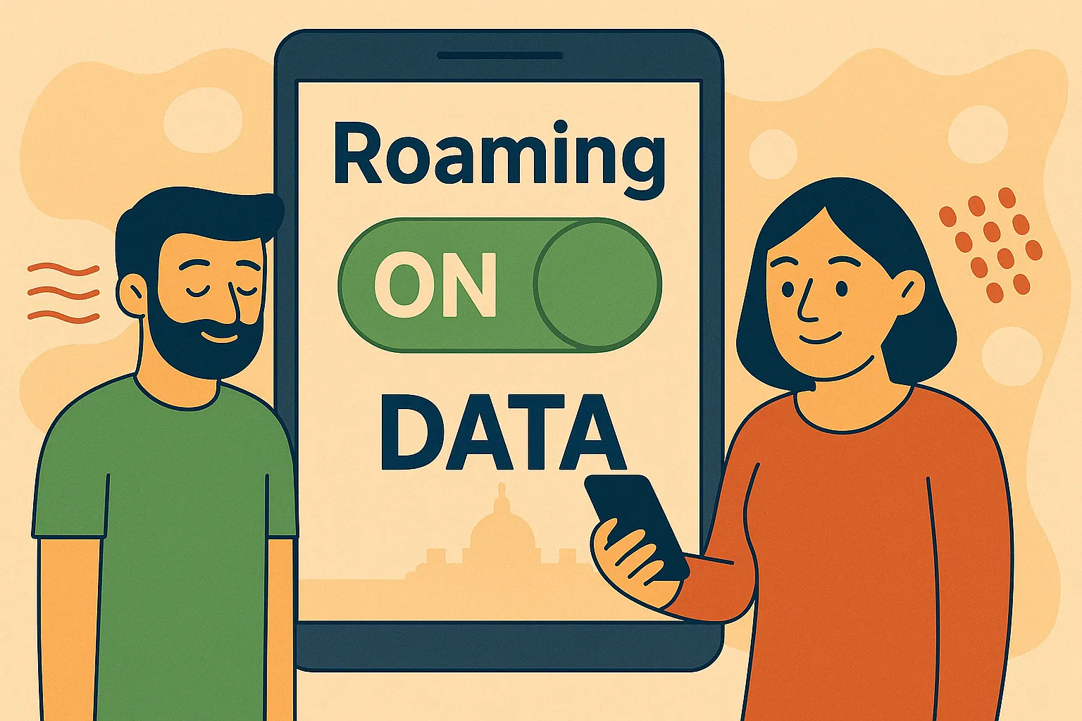 Personas usando el móvil junto a pantalla que activa o desactiva el roaming.