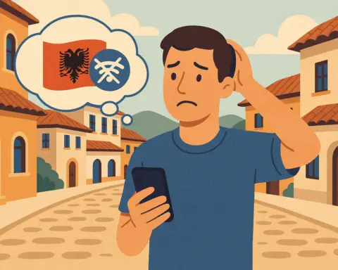 Hombre preocupado mira su móvil; bocadillo con bandera de Albania y símbolo de señal cortada indica falta de roaming.