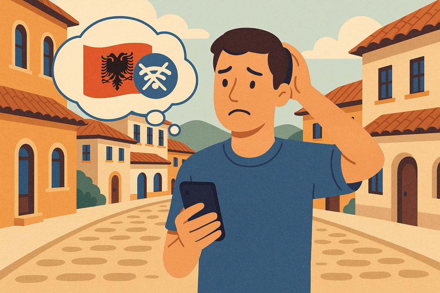 Hombre preocupado mira su móvil; bocadillo con bandera de Albania y símbolo de señal cortada indica falta de roaming.