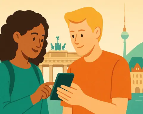 Una pareja consulta su móvil en roaming frente a la Puerta de Brandeburgo y la Fernsehturm de Berlín.