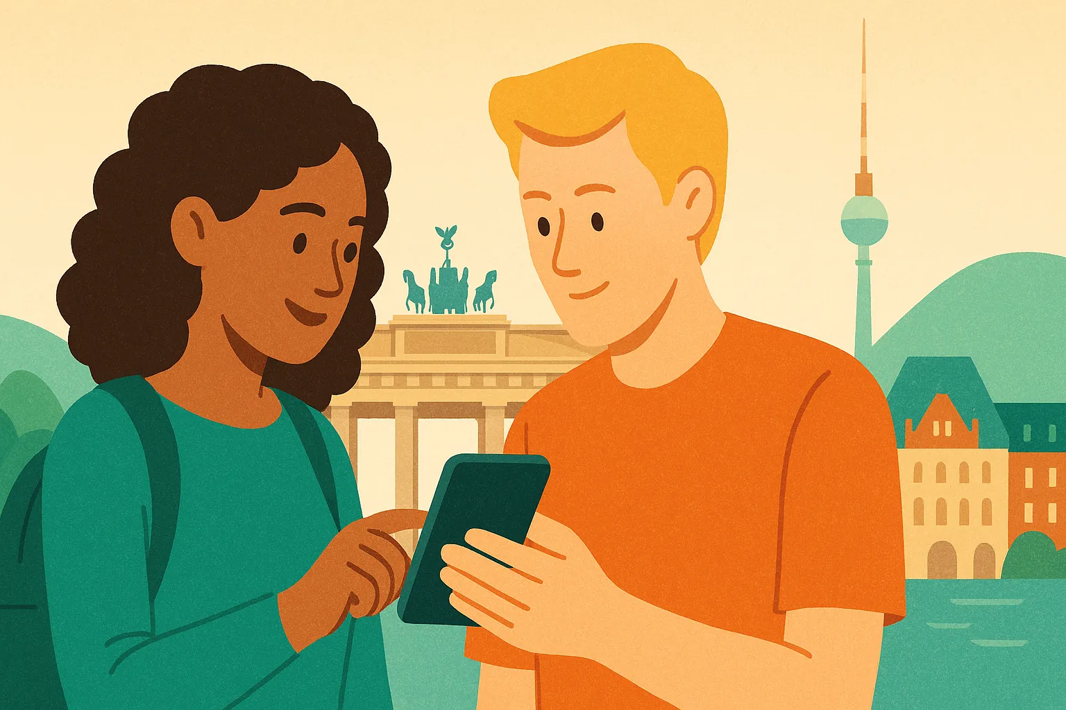 Una pareja consulta su móvil en roaming frente a la Puerta de Brandeburgo y la Fernsehturm de Berlín.