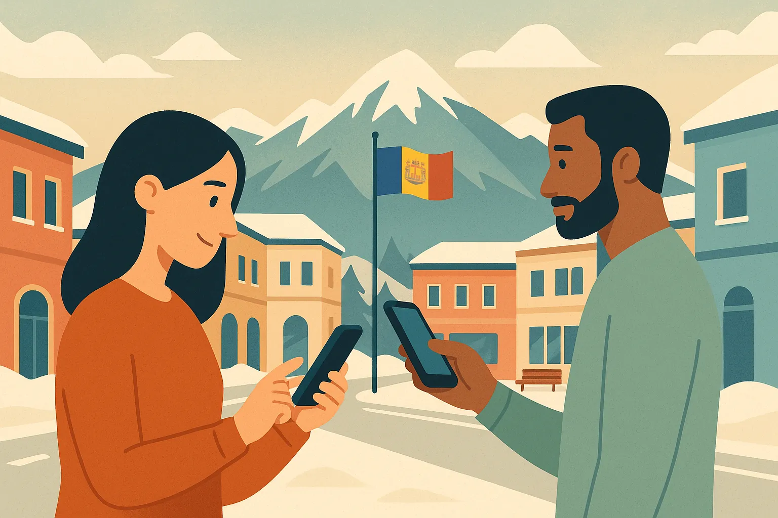 Una pareja usa el teléfono móvil porque tiene una tarifa de datos móviles que les permite conectarse cuando están en Andorra.