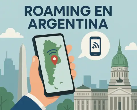 Ilustración de una mano sosteniendo un móvil con mapa de Argentina y señal de cobertura.
