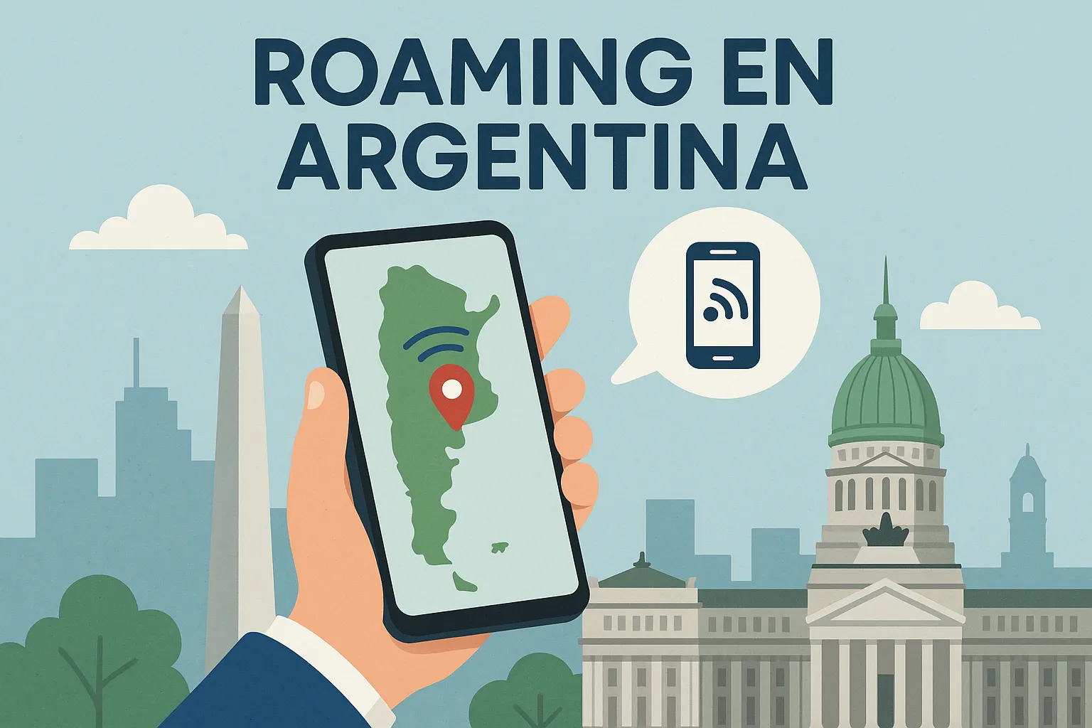 Ilustración de una mano sosteniendo un móvil con mapa de Argentina y señal de cobertura.