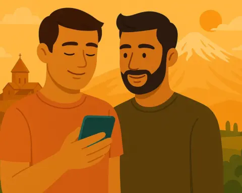 Pareja disfruta de cobertura en su móvil en Armenia.