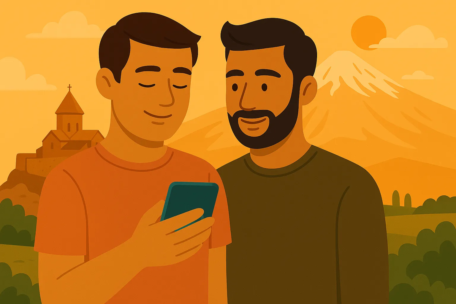 Pareja disfruta de cobertura en su móvil en Armenia.