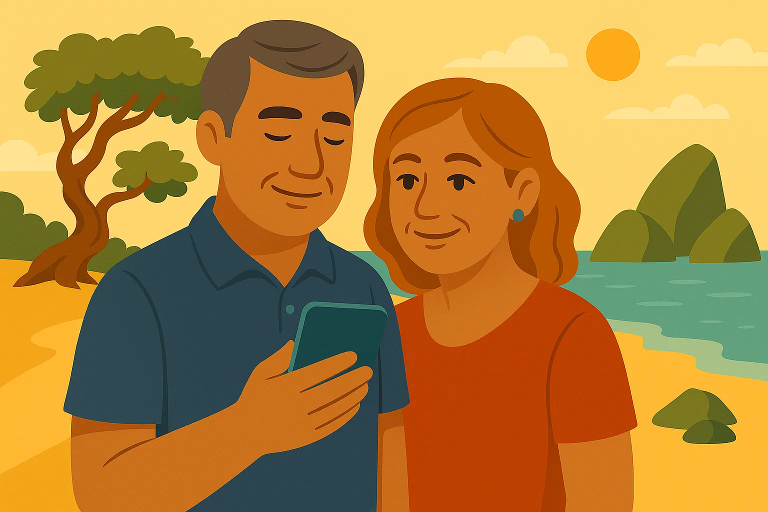 Pareja disfruta de cobertura en su móvil en Aruba.