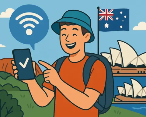 Viajero sonriente usando su móvil con conexión activa en Australia gracias al roaming, frente a la Ópera de Sídney y la bandera australiana.