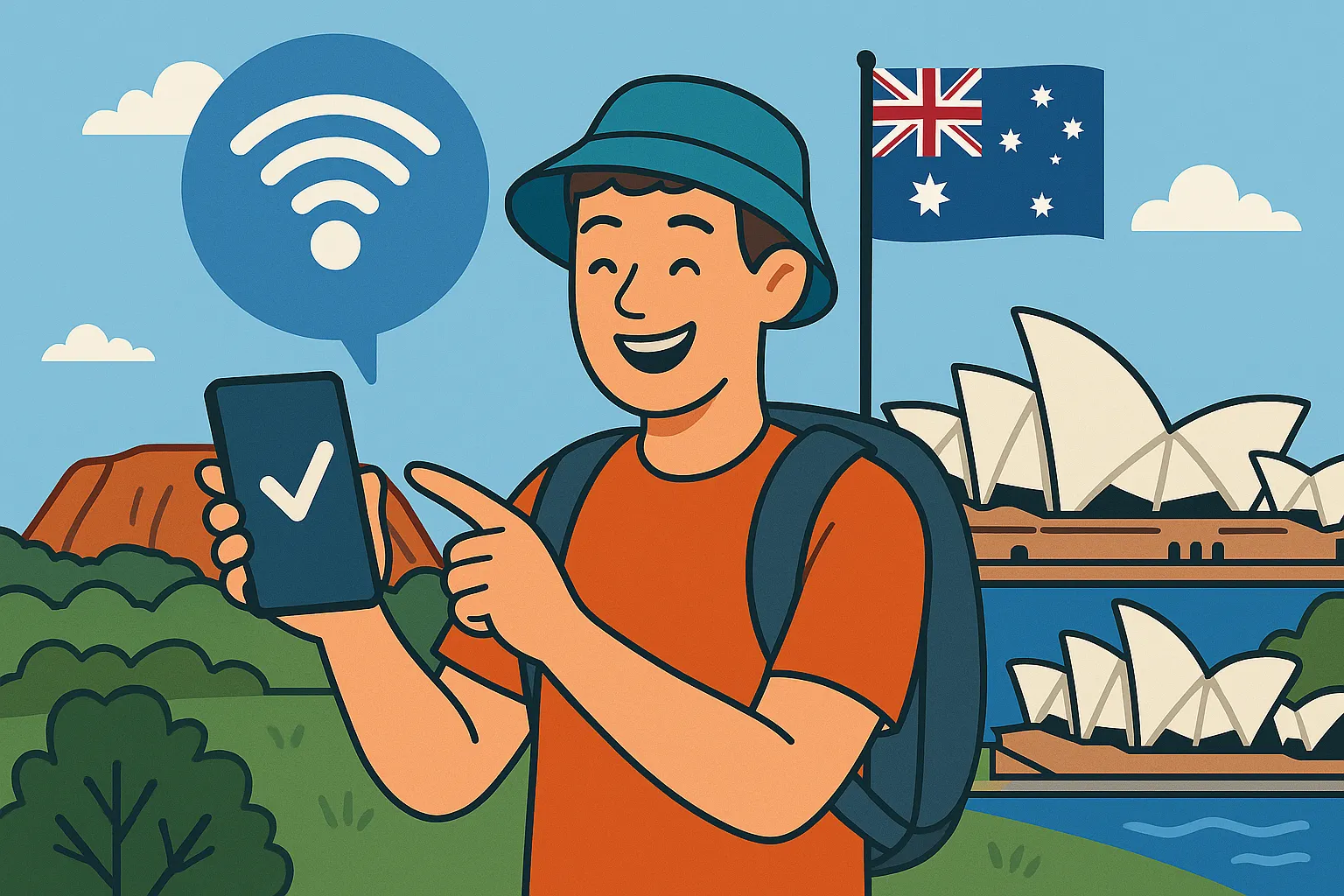 Viajero sonriente usando su móvil con conexión activa en Australia gracias al roaming, frente a la Ópera de Sídney y la bandera australiana.