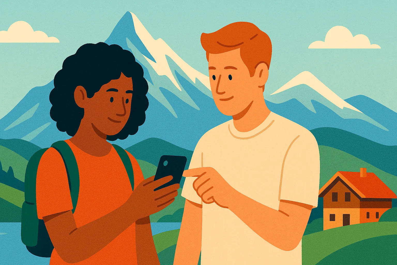 Pareja consulta su móvil en roaming ante paisajes alpinos austríacos, lago y chalet tradicional