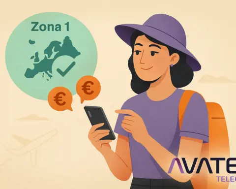 Mujer viajera consultando tarifas de roaming en Zona 1 de Europa en su móvil, con logo de Avatel.