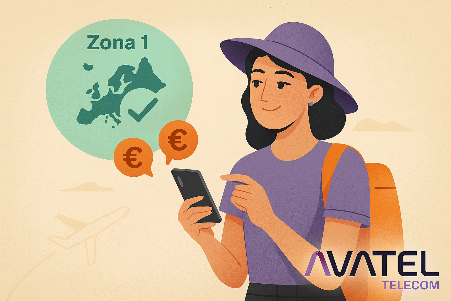 Mujer viajera consultando tarifas de roaming en Zona 1 de Europa en su móvil, con logo de Avatel.