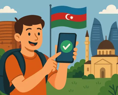 Turista sonriente usando su móvil gracias a las alternativas al roaming en Azerbaiyán, frente a la Torre de la Doncella.