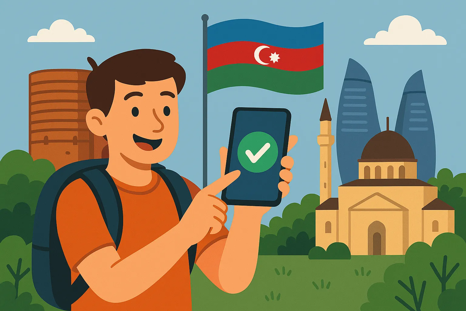Turista sonriente usando su móvil gracias a las alternativas al roaming en Azerbaiyán, frente a la Torre de la Doncella.