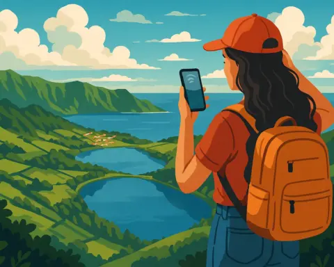 Ilustración de una viajera con mochila usando el móvil en un mirador con vistas a montañas, lagos y el mar en un paisaje natural.