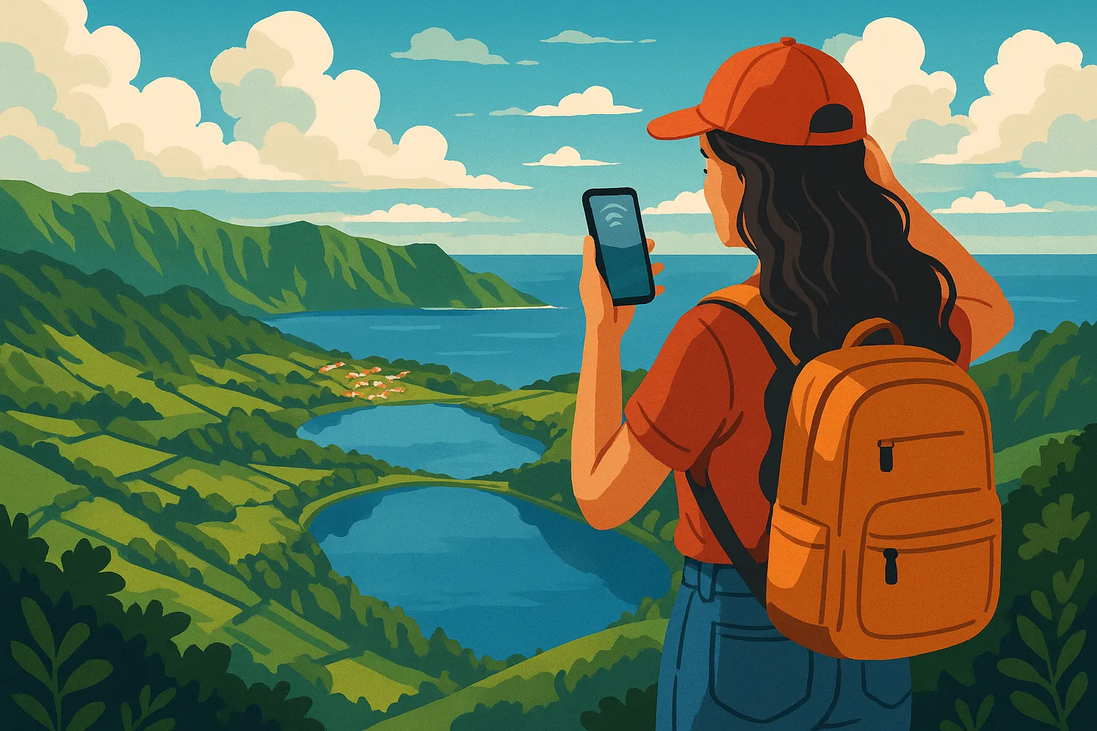 Ilustración de una viajera con mochila usando el móvil en un mirador con vistas a montañas, lagos y el mar en un paisaje natural.