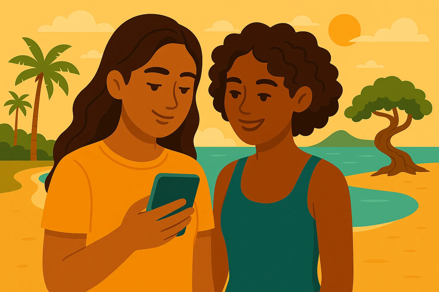 Pareja disfruta de cobertura en su móvil en Bahamas.