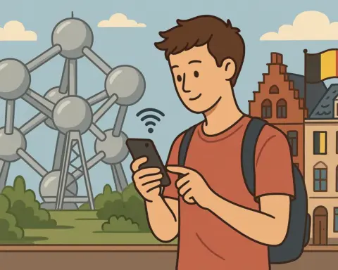 Turista usando el móvil con señal activa frente al Atomium y la bandera de Bélgica, rodeado de arquitectura típica europea.