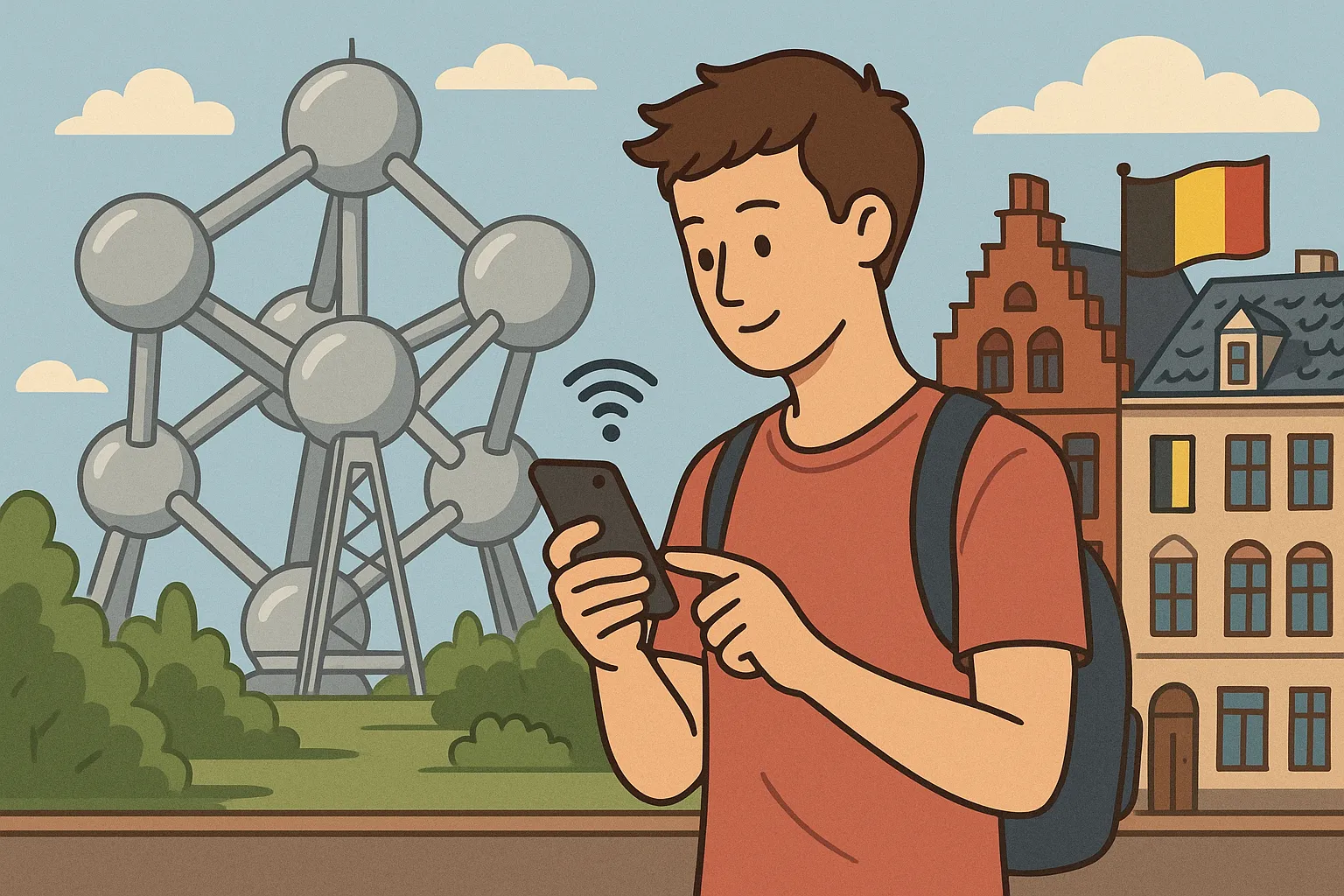 Turista usando el móvil con señal activa frente al Atomium y la bandera de Bélgica, rodeado de arquitectura típica europea.