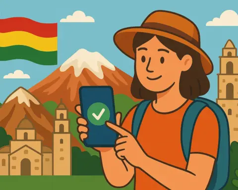 Mujer viajera usando su móvil con gracias a las altermativas al roaming en Bolivia, con el monte Illimani, iglesias coloniales y la bandera boliviana.