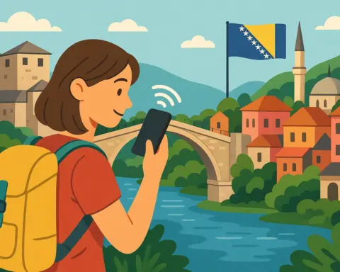Turista usando el móvil frente al Puente Viejo de Mostar, con bandera de Bosnia y edificios coloridos rodeados de naturaleza.