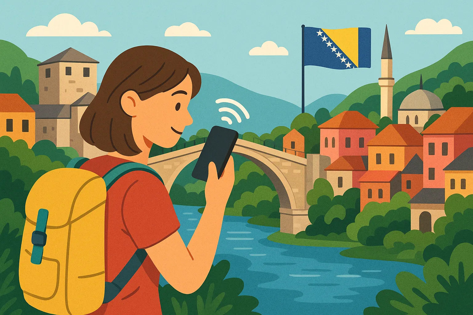 Turista usando el móvil frente al Puente Viejo de Mostar, con bandera de Bosnia y edificios coloridos rodeados de naturaleza.
