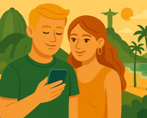 Pareja disfruta de cobertura en su móvil en Brasil.