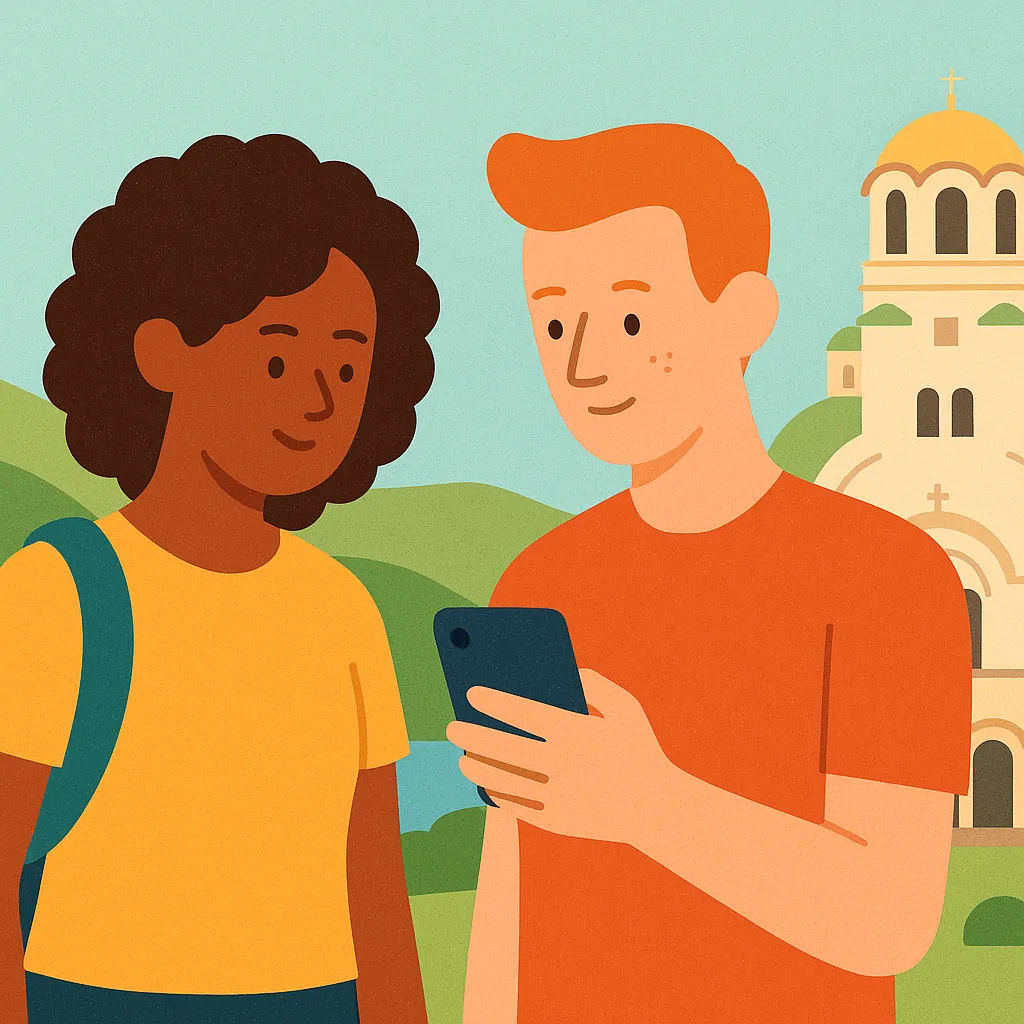 Pareja consulta móvil en itinerancia por Bulgaria ante la catedral Aleksandr Nevski y colinas.