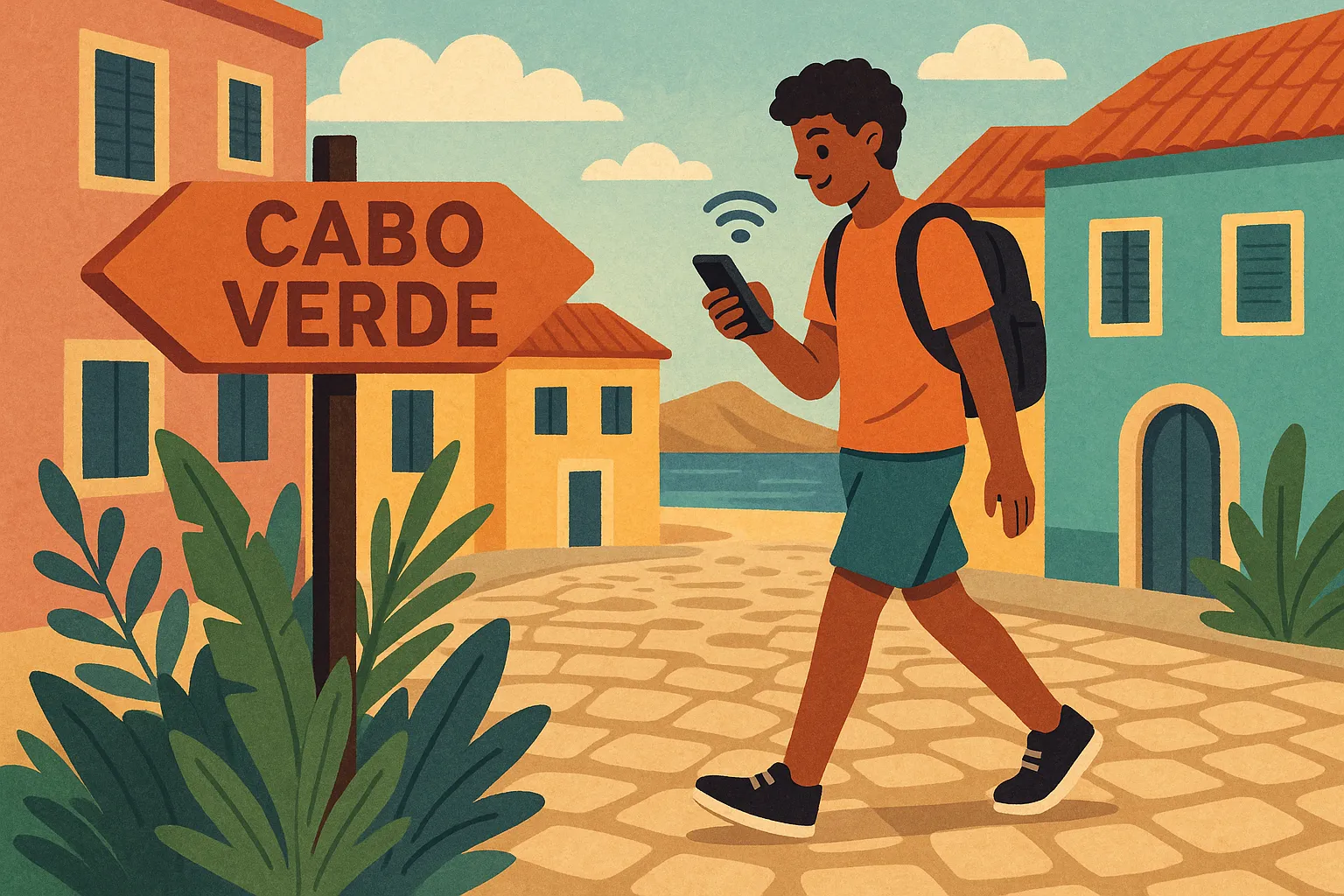 Turista caminando con el móvil conectado en un pueblo costero de Cabo Verde, rodeado de casas coloridas y vegetación tropical.