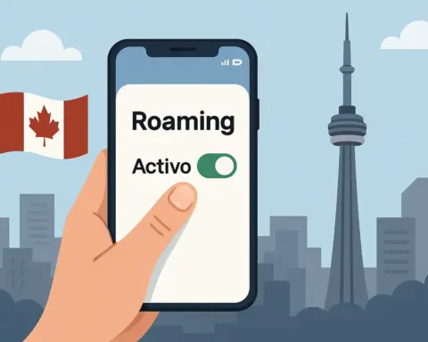 Roaming activado en un móvil con fondo urbano de Canadá y la CN Tower
