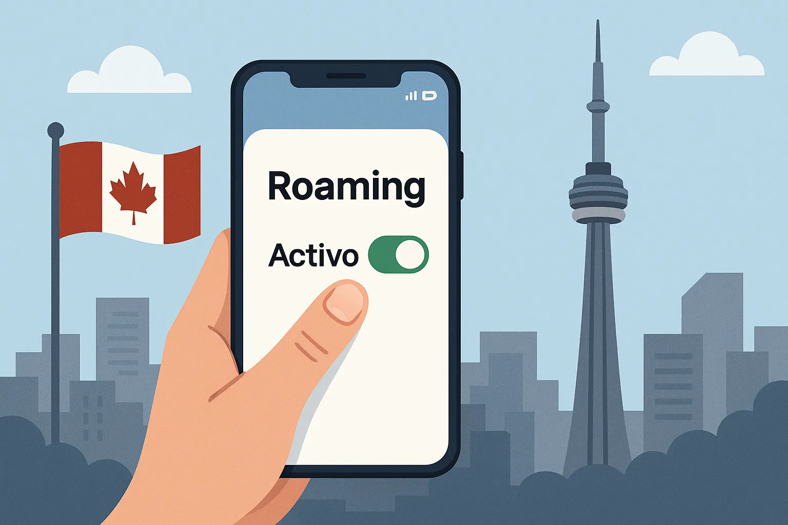 Roaming activado en un móvil con fondo urbano de Canadá y la CN Tower