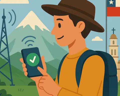 Viajero sonriente usando su móvil con conexión activa en Chile, rodeado de montañas andinas nevadas