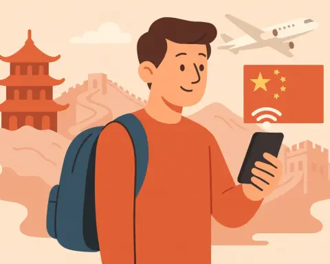 Turista con mochila usando el móvil con conexión en China, junto a la Muralla, una pagoda, un avión y la bandera china.