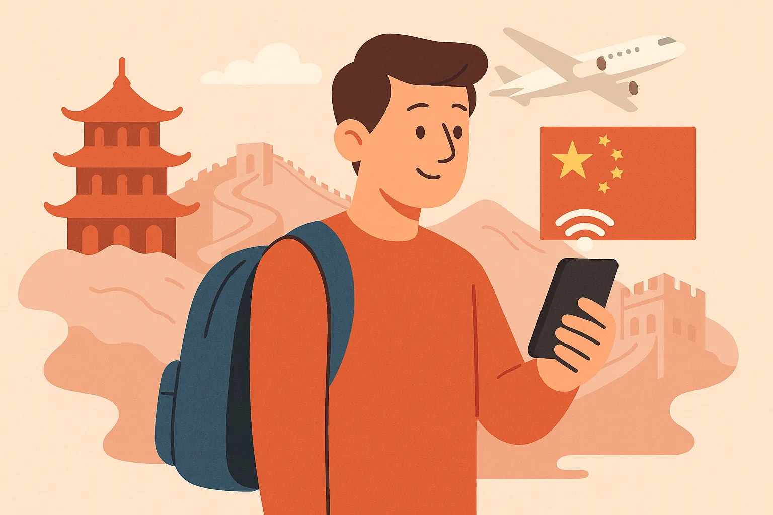 Turista con mochila usando el móvil con conexión en China, junto a la Muralla, una pagoda, un avión y la bandera china.