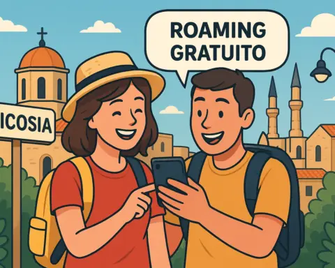 Pareja de turistas felices usando su móvil con total seguridad en Nicosia, Chipre, porque el roaming es gratis.