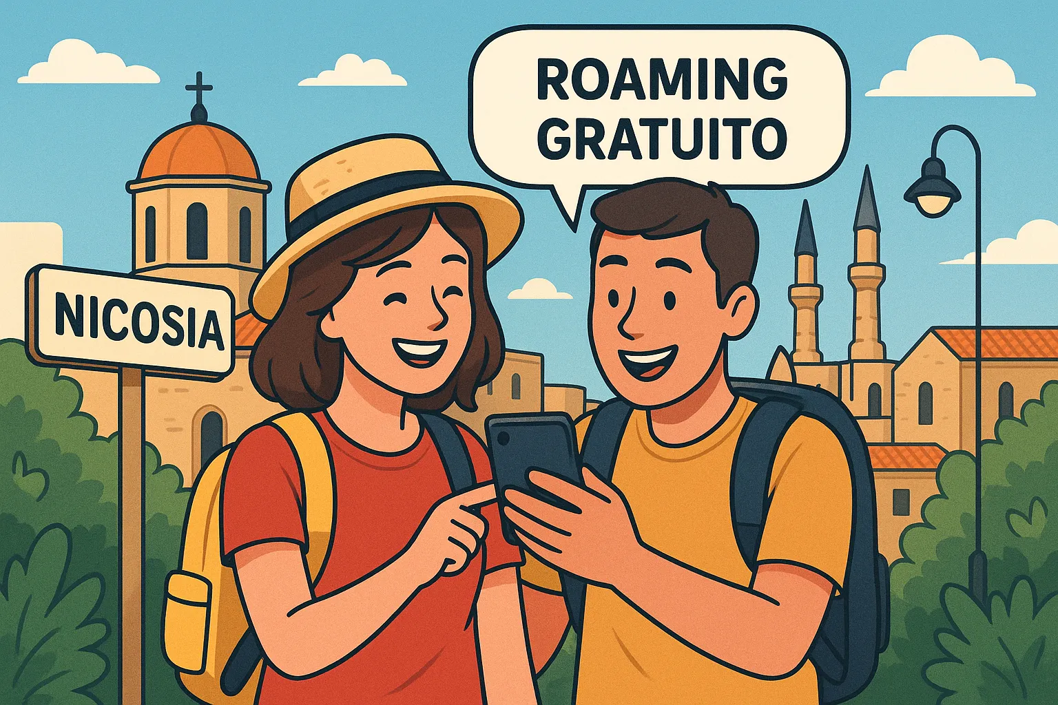 Pareja de turistas felices usando su móvil con total seguridad en Nicosia, Chipre, porque el roaming es gratis.
