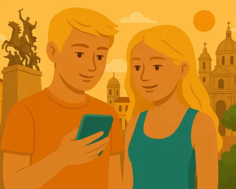 Pareja disfruta de cobertura en su móvil en Colombia.