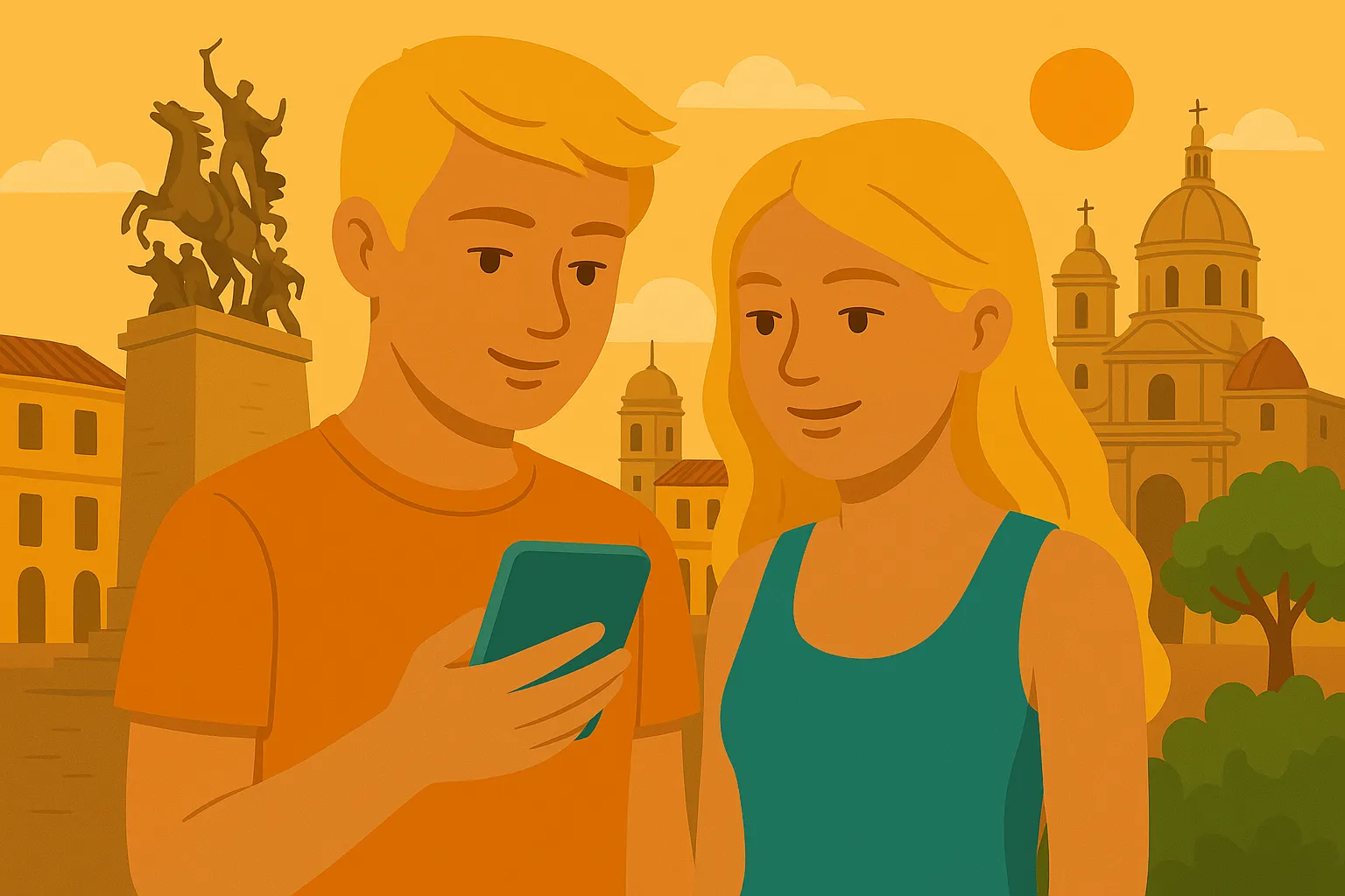 Pareja disfruta de cobertura en su móvil en Colombia.