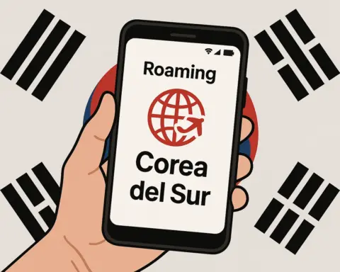Roaming activado en móvil con bandera de Corea del Sur al fondo
