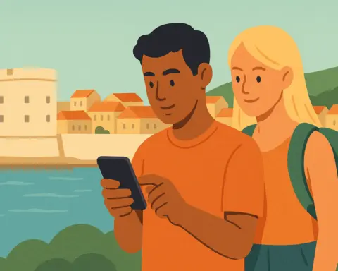 Pareja viajera usa móvil frente a murallas y tejados de Dubrovnik junto al mar Adriático, como forma de representar el roaming en Croacia.