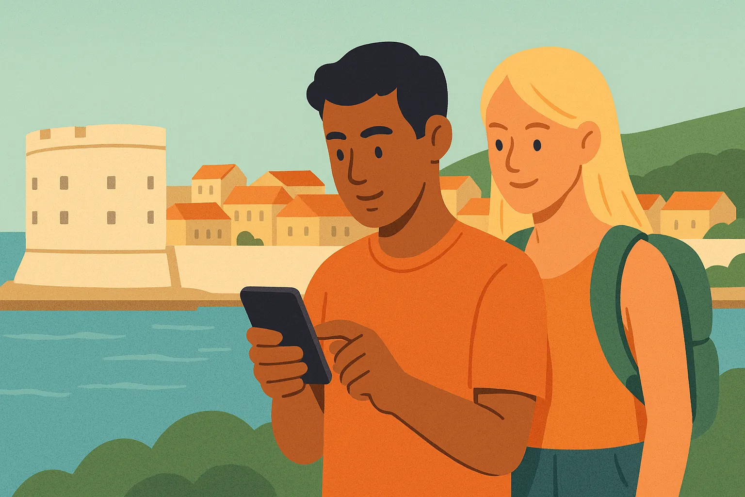 Pareja viajera usa móvil frente a murallas y tejados de Dubrovnik junto al mar Adriático, como forma de representar el roaming en Croacia.