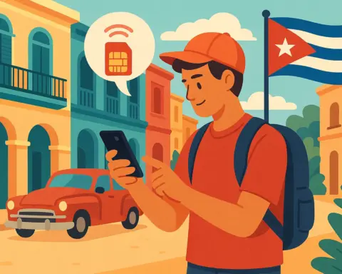 Turista usando el móvil con señal activa en una calle de Cuba, con bandera cubana, coche clásico y edificios coloniales de colores.