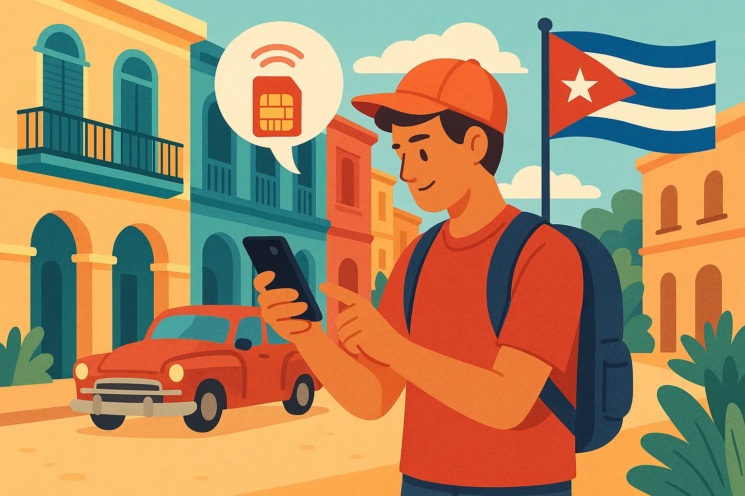 Turista usando el móvil con señal activa en una calle de Cuba, con bandera cubana, coche clásico y edificios coloniales de colores.