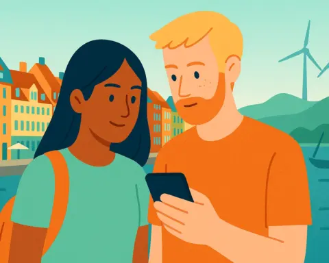 Pareja usa móvil en roaming junto al ayuntamiento y coloridas fachadas de Estocolomo, representando el roaming en Dinamarca.