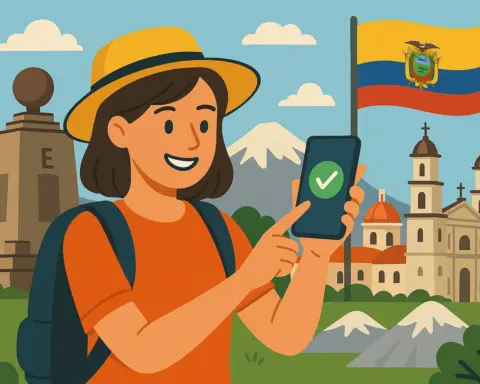 Mujer sonriente usando su móvil conectado con las alternativas al roaming en Ecuador, con la bandera ecuatoriana y el monumento de la Mitad del Mundo.